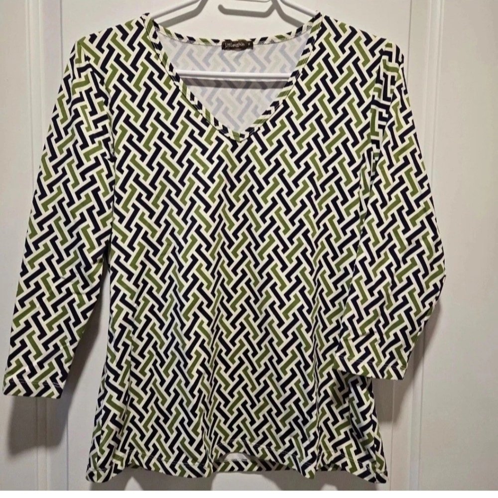 J McLaughlin 3/4 Sleeve Top Womens Sz Medium Green Navy Geometric Shirt Preppy